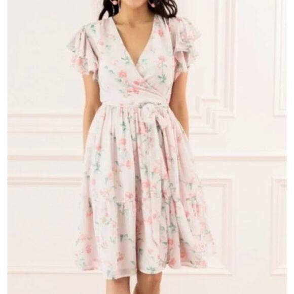Rachel Parcell Pink Frosty Floral Tie Waist Ruffle Short Sleeve Dress Size S - Picture 1 of 9